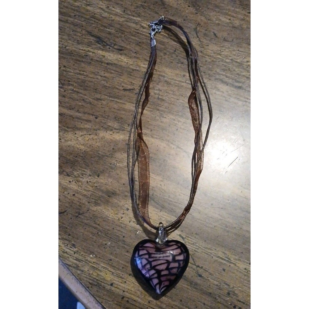 Hand Blown Glass  Pendant Necklace Brown Ribbon Cord Purple Heart